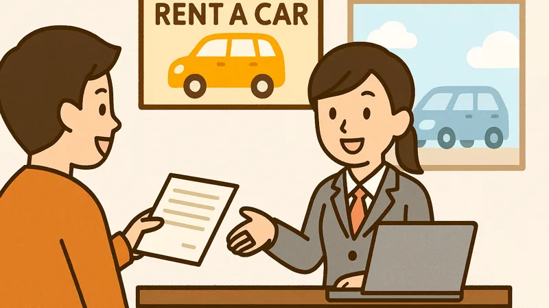 駅レンタカーを利用する旅行者のイラスト