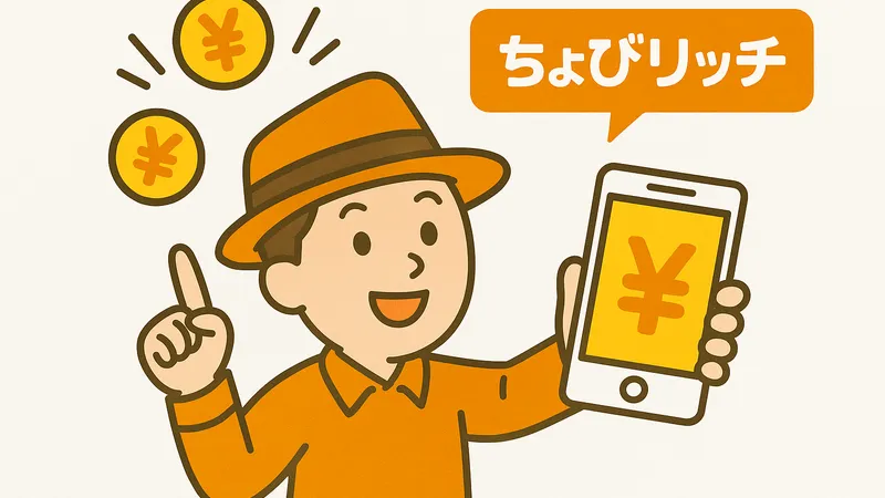 ちょびリッチを紹介する男性のイラスト。スマホとコインを手にして笑顔