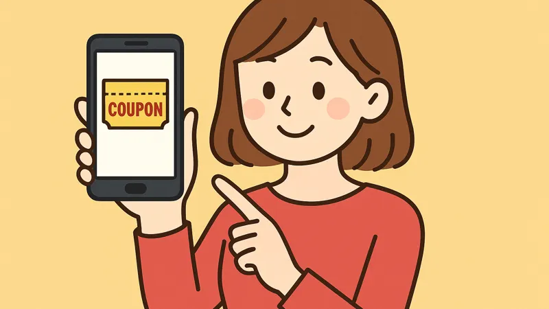 クーポンを提示して商品を安く購入しようとする女性のイラスト