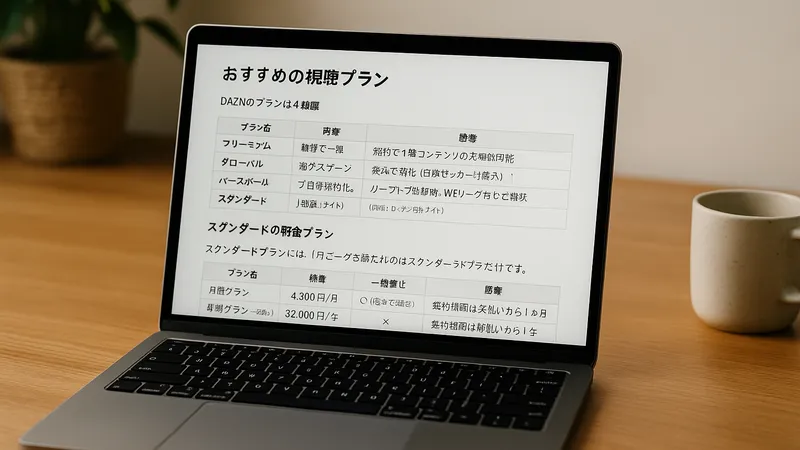 ノートパソコンの画面に、DAZNの視聴プランを比較した日本語の表が表示されている様子。木製のデスク上にはコーヒーカップと観葉植物もある。