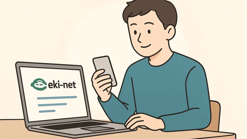 えきねっとにスマホで登録する男性のイラスト