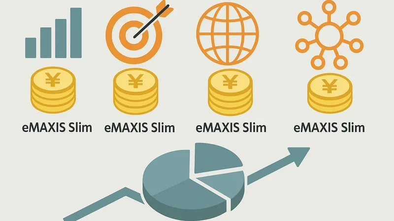 eMAXIS Slimを使った4種類の資産配分例をイメージした図（棒グラフ、ターゲット、地球、ネットワーク）