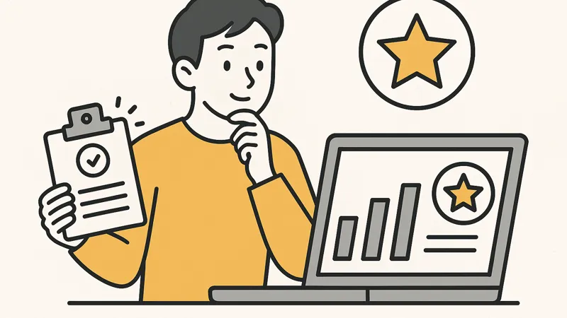 ふるさと納税の人気ランキングをパソコンで調べている男性のイラスト