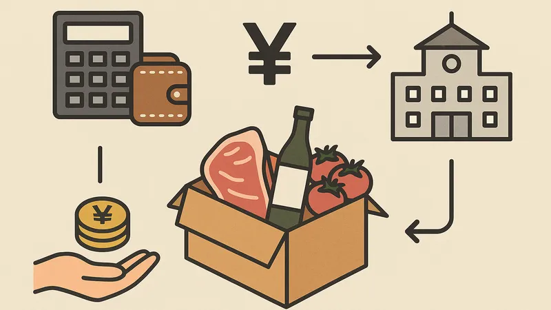 ふるさと納税の仕組みを図解したイラスト（家計・自治体・返礼品・お金の流れを表現）
