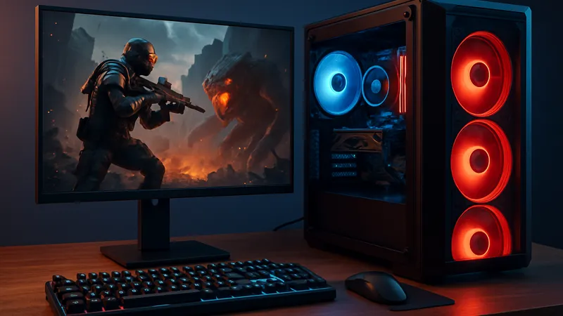 ゲーミングPCとモニターで高画質ゲームをプレイしているデスク環境
