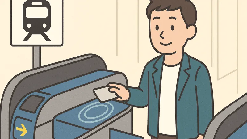 ICカードに座席情報を紐づける手続きをする若者のイラスト