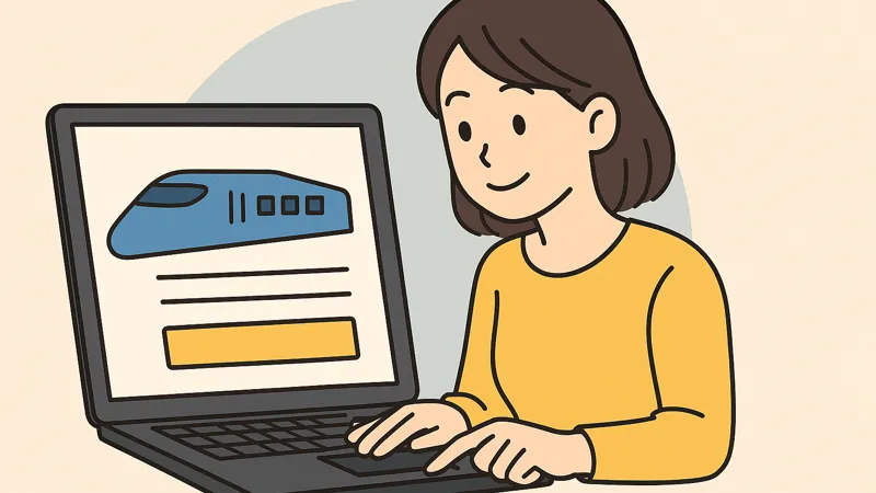 えきねっとで新幹線のきっぷをスマホで購入しようとしている若者のイラスト