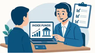 インデックスファンドの選び方をオンライン証券で相談している様子のイラスト