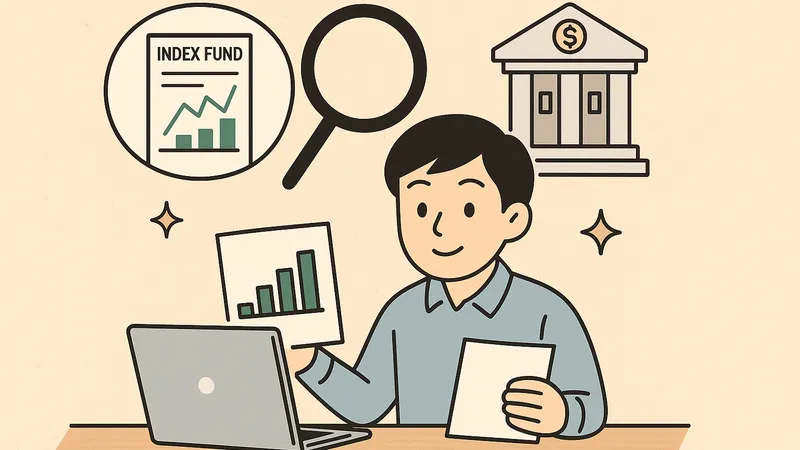 証券会社を比較しながらインデックスファンドを調べる男性のイラスト