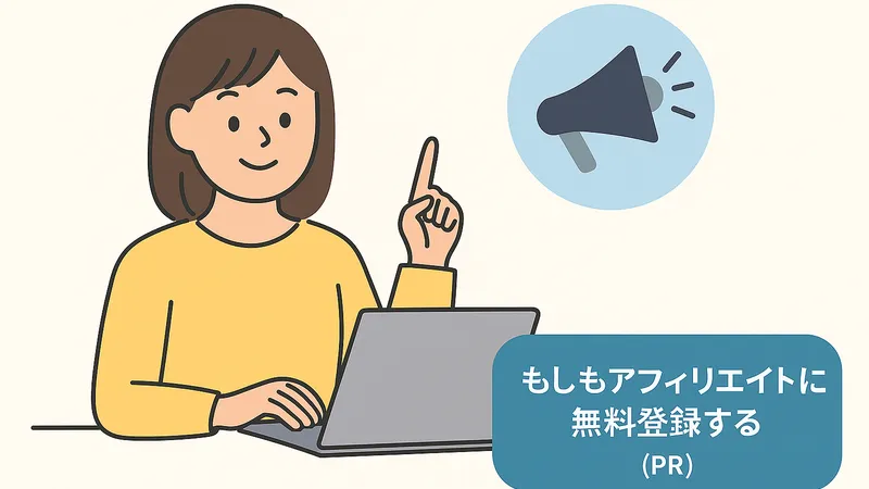ノートパソコンの前で説明する女性のイラスト。背景には「もしもアフィリエイト」の文字と、収益を示すアイコンが描かれている。