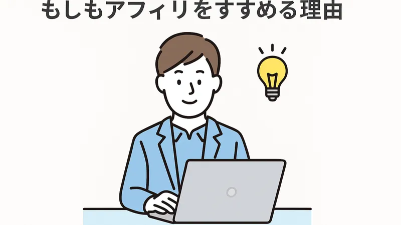 もしもアフィリエイトを利用する理由を考えている男性のイラスト