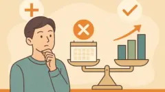 ノーセルリバランスと自動積立を天秤にかけて考える男性のイラスト