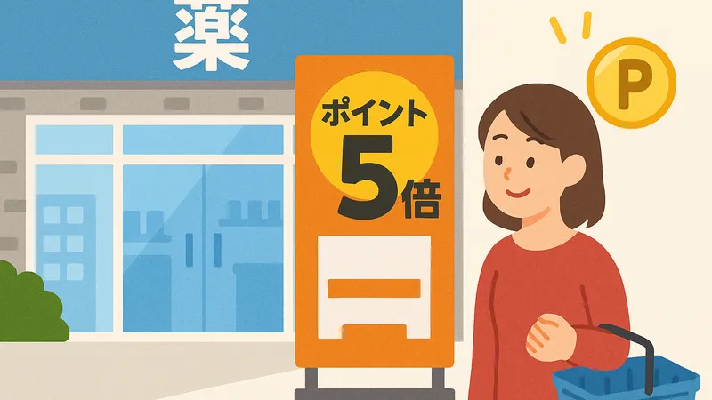 「ドラッグストア前でポイント5倍ののぼりを見ながら買い物をする女性のイラスト