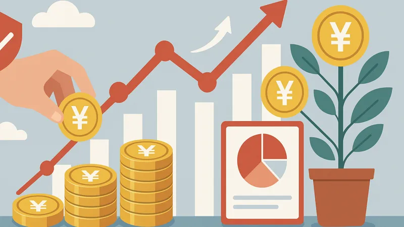 積み上がる円のコインと成長する植物、グラフやレポートで資産運用のイメージを描いたイラスト