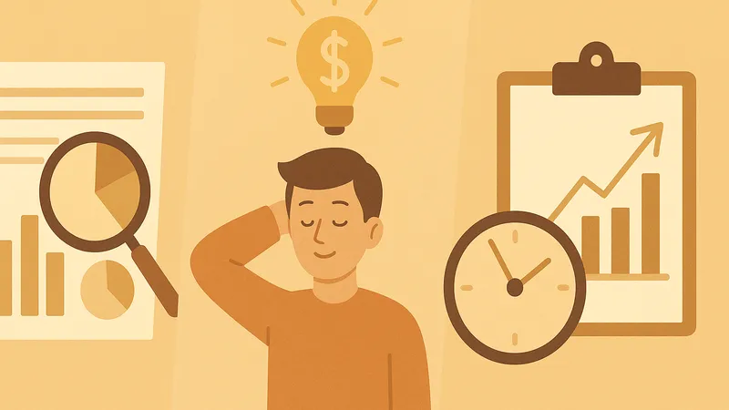 3つのメリットを表すイラスト。レポートを示すグラフと虫眼鏡、頭上にひらめきの電球がある男性、時計と右肩上がりのグラフが描かれている