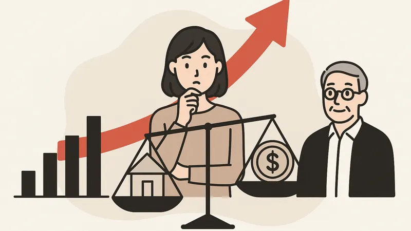 リスクと資産のバランスを天秤で考える若い女性と、それを見守る高齢者のイラスト