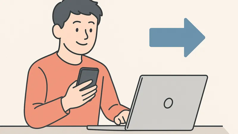 特Pの登録をスマホとPCで行っている男性のイラスト（右向きの青い矢印付き）