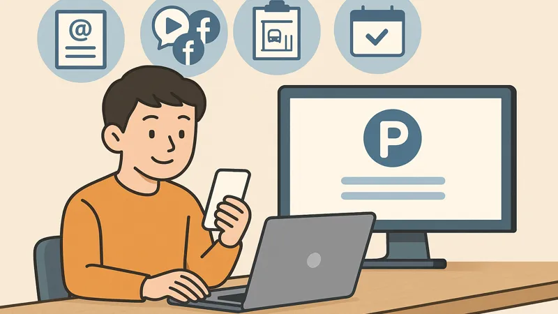 特Pの登録手順をスマホとパソコンで進めている男性のイラスト（4ステップのアイコン付き）