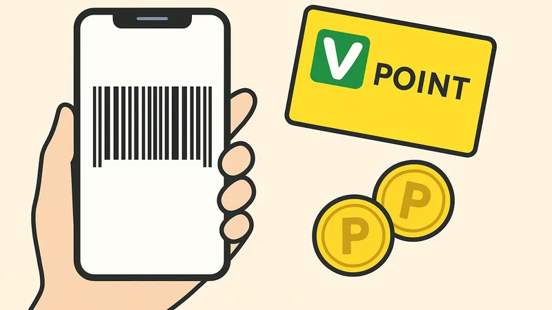 スマホのバーコード画面とVポイントカード、ポイントコインのイラスト