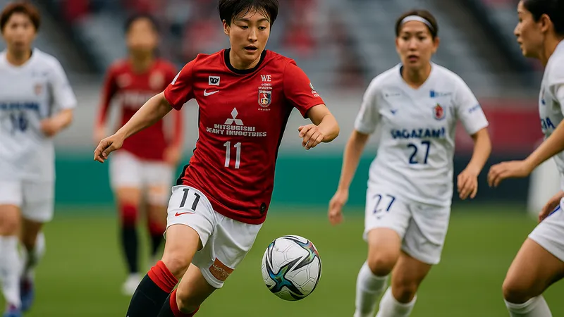 WEリーグの試合でボールを追う女子サッカー選手たちの真剣な表情とプレーの瞬間