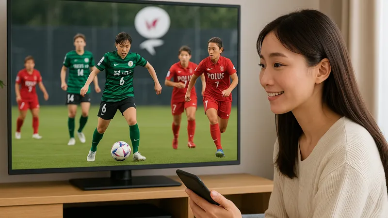 ソファに座ってWEリーグの試合をテレビ観戦する若い女性。手元にはスマホを持ち、画面には緑と赤のユニフォームを着た選手たちが映っている。