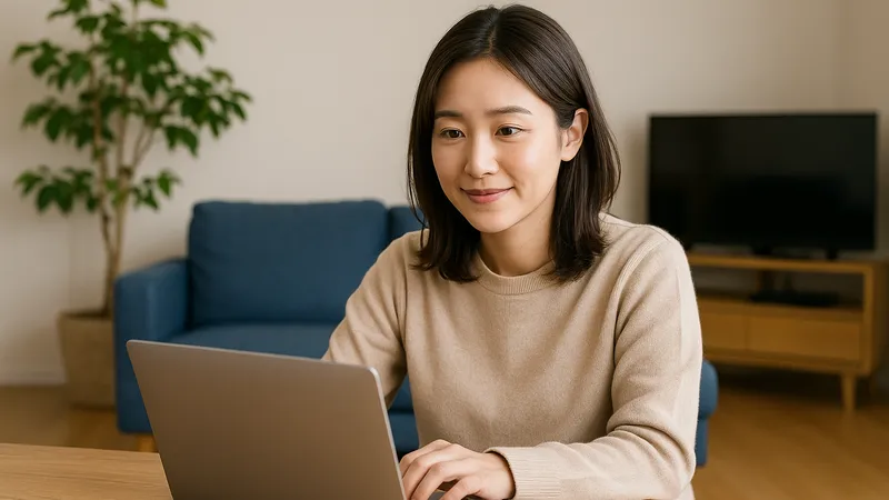 ノートパソコンでDAZNの視聴情報を調べている女性の様子（自宅リビング）