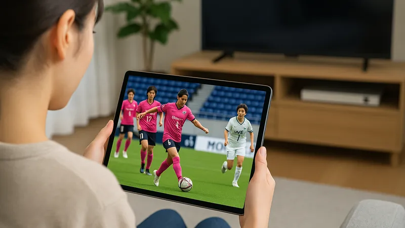 自宅でタブレットを使い、WEリーグのライブ配信を観戦している女性の後ろ姿