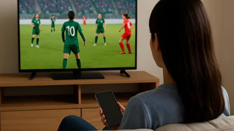 ソファに座ってテレビで女子サッカーの試合を観戦する女性の後ろ姿。手にはスマートフォンを持ち、画面には緑と赤のユニフォームを着た選手たちがプレーする様子が映っている。