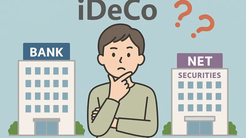 iDeCoの金融機関選びに悩む人のイラスト。銀行とネット証券の建物が描かれている。