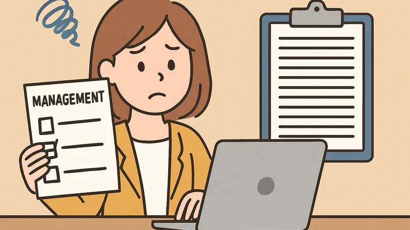 金融機関の選定チェックリストを見ながら悩んでいる女性のイラスト。パソコンと書類がデスクに置かれている。