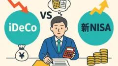 iDeCoと新NISAの比較に悩む男性が電卓で計算している様子を描いたイラスト。左右にそれぞれの制度が配置され、増減を表す矢印とお金のアイコンが表示されている。