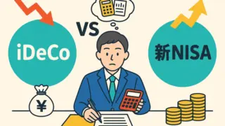 iDeCoと新NISAの比較に悩む男性が電卓で計算している様子を描いたイラスト。左右にそれぞれの制度が配置され、増減を表す矢印とお金のアイコンが表示されている。