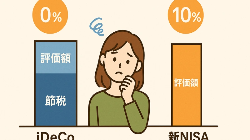 iDeCoと新NISAの利回り0%と10%のシミュレーション結果を比較するグラフと、どちらを選ぶか悩む女性を描いたイラスト。