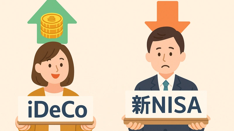 節税分を特定口座で再投資した場合のiDeCoと新NISAの比較を示すイラストで、iDeCo側は増加を表す緑の矢印と金貨、新NISA側は減少を表す赤い矢印が描かれている。