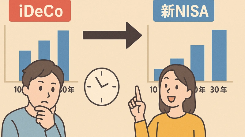 iDeCoと新NISAの積立年数ごとの運用結果を比較したグラフを背景に、時間の経過に悩む男性と前向きな女性が対比的に描かれているイラスト。
