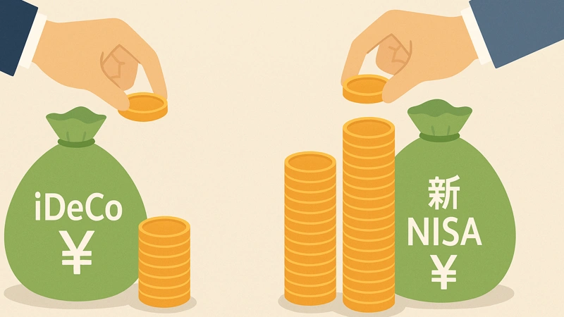 iDeCoと新NISAの積立金額の違いを表すイラストで、それぞれの袋の前に異なる高さのコインが積まれ、手が追加の硬貨を置いている。