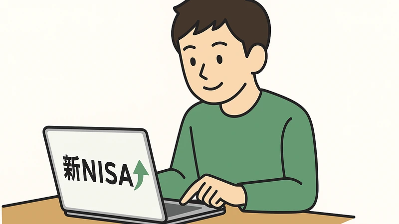 若い男性がPCで新NISAを購入している様子