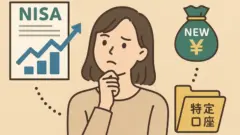 旧NISAの非課税期間が終わり、新NISAに投資するか特定口座で運用するか悩む若い女性のイラスト