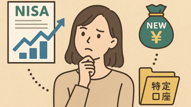 旧NISAの非課税期間が終わり、新NISAに投資するか特定口座で運用するか悩む若い女性のイラスト
