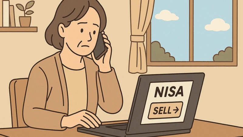 中年女性が自分の部屋で旧NISAを売却している様子