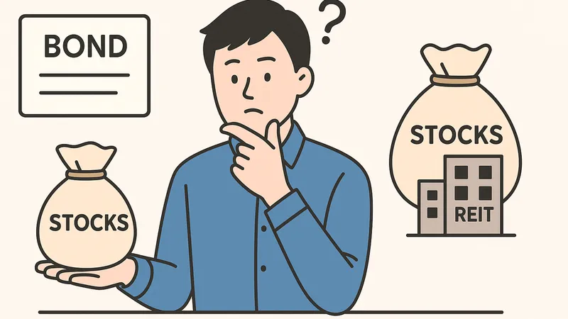 新NISAで債券を特定口座に移し株式とREIT専用にするか悩む男性のイラスト