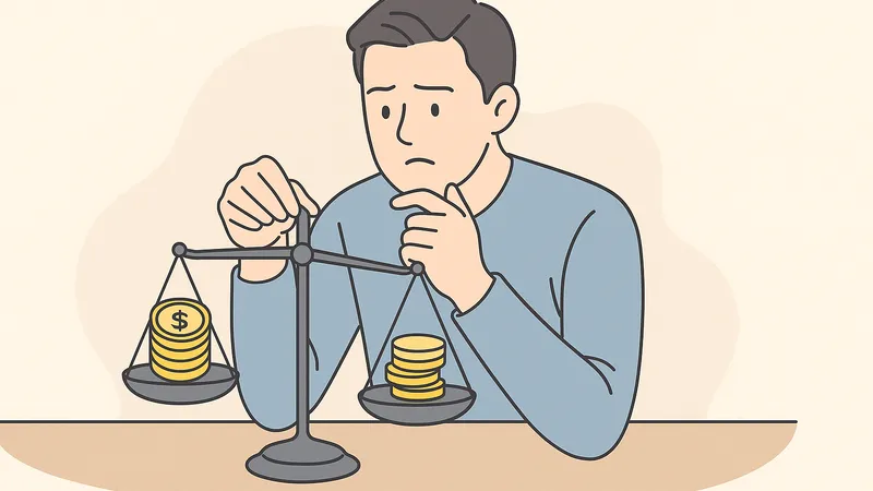 新NISAの成長投資枠でリバランスを考える男性が天秤でコインの量を調整しているイラスト