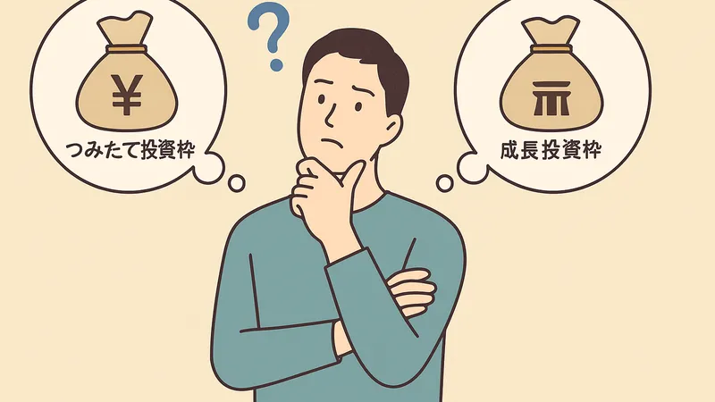 新NISAでつみたて投資枠と成長投資枠のどちらを取り崩すか悩む男性のイラスト