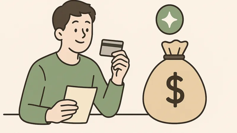 新NISAのつみたて投資枠をクレジットカード積立で利用する様子をイメージした男性のイラスト