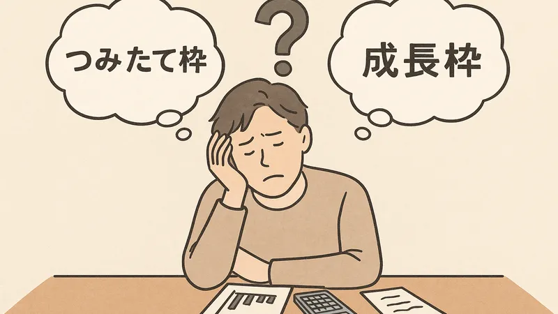 新NISAのつみたて投資枠と成長投資枠の使い方に悩む男性が机に向かって考え込んでいるイラスト