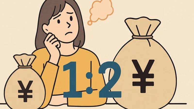 新NISAのつみたて投資枠1と成長投資枠2の配分をイメージした、悩む女性と大小2つのお金袋のイラスト