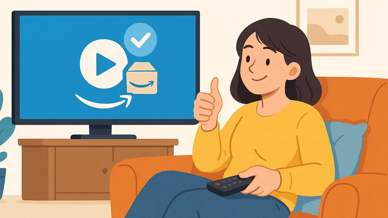 Amazonプライム・ビデオをテレビで視聴して親指を立てる女性のイラスト（満足げな表情）
