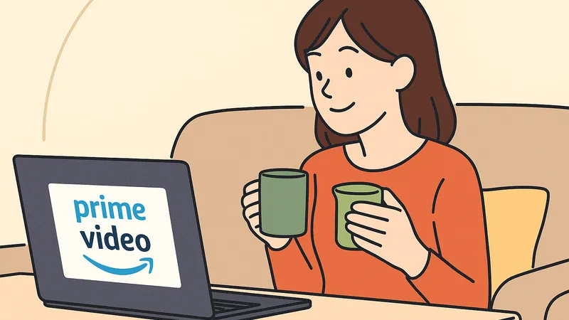 ノートPCでAmazonプライム・ビデオを視聴してくつろぐ女性のイラスト