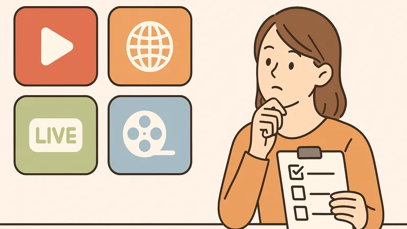 4つの動画配信サービスをチェックリストで比較しながら検討する女性のイラスト（アイコンは再生・地球・LIVE・フィルム）