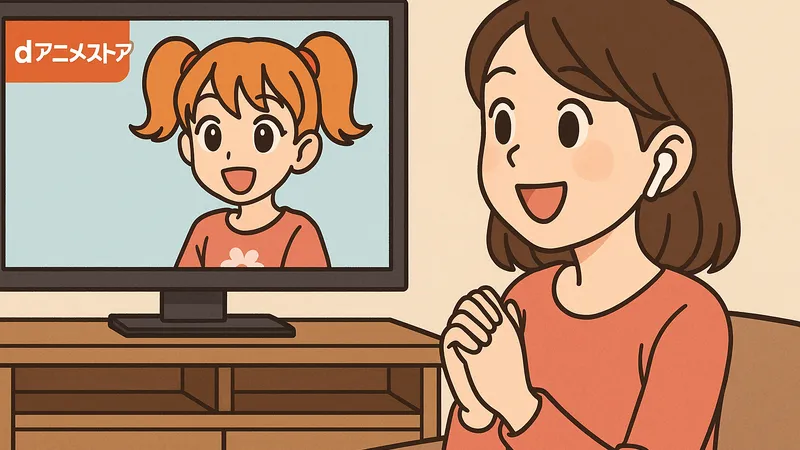 テレビでアニメを楽しそうに視聴する女性のイラスト。画面にはdアニメストアのロゴとアニメキャラクターが映っている。